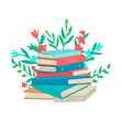 © Veronika - A stack of books or textbooks. Flowers around. Cartoon flat style character on white background
