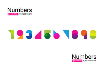 Set of colourful ten numbers form zero to nine, number flat design, geometric abstractionism, suprematism.