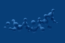 Abstract Three-dimensional Background Of Many Flying Blue Droplets Of Viscous Liquid On A Blue Background. 3D Illustration, 3D Render. Stock Illustration