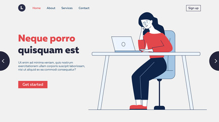 Fototapete - Tired woman using laptop at desk. Professional or expert consulting online flat vector illustration. Communication, workplace concept for banner, website design or landing web page