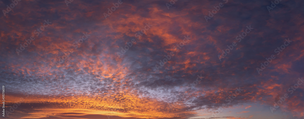 panorama of cloudscape at sunset with red clouds on sky - obrazy, fototapety, plakaty 