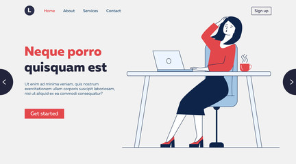 Businesswoman getting bad news. Female employee looking at laptop screen and holding head flat vector illustration. Communication, shock message concept for banner, website design or landing web page