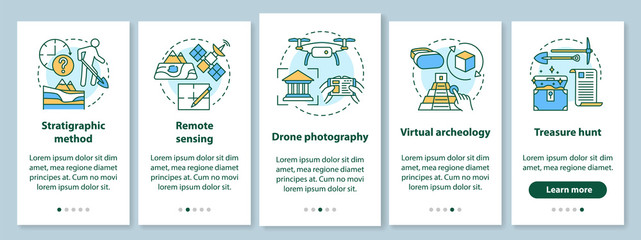 Archeology methods onboarding mobile app page screen with linear concepts. Study of terrain, treasure hunt walkthrough steps graphic instructions. UX, UI, GUI vector template with illustrations