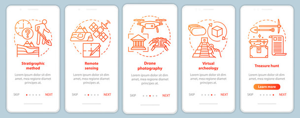 Archeology methods onboarding mobile app page screen vector template. Study of terrain, treasure hunt. Walkthrough website steps with linear illustrations. UX, UI, GUI smartphone interface concept