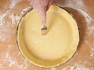 Prick the base of the pastry case all over with a fork. Making Apple Pie Tart Series.