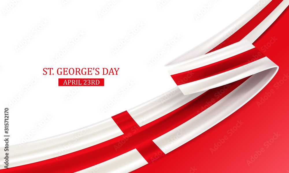 Happy St George Day, April 23rd, England national day, bent waving ribbon in colors of the England national flag. Celebration background. - obrazy, fototapety, plakaty 