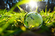 New year green glass globe sphere earth ball europe and asia world with green leaves and morning sunlight in forest - sustainable environment and ecology earthball.