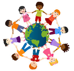 Sticker - Earth globe with group of diverse multiethnic children in a circle smiling and holding hands. Diversity and culture. Unity and friendship. Community. Multicultural Kindergarten. Childhood