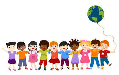 Communication isolated group of diverse multiethnic children standing together and holding each other. Diversity and culture. Oneness and friendship. Community. Multicultural Kindergarten. Childhood