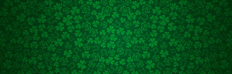 Wall Mural - green patricks day greeting banner with green clovers. patrick's day holiday design. horizontal back