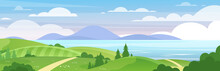 Sea And Mountains Landscape Flat Vector Illustration