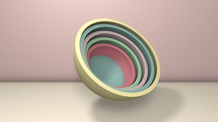 Poster - 3D illustration of several hemispheres, halves of balls similar to plates, cups.. The segments are arranged randomly. 3D rendering, abstract minimalistic background.