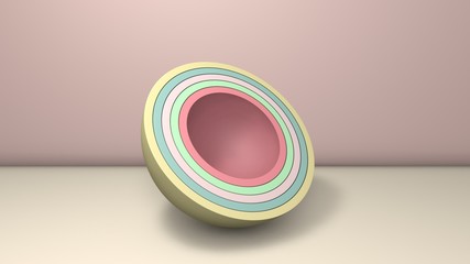 Poster - 3D illustration of several hemispheres, halves of balls similar to plates, cups.. The segments are arranged randomly. 3D rendering, abstract minimalistic background.