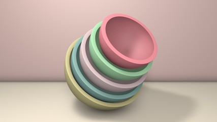 Poster - 3D illustration of several hemispheres, halves of balls similar to plates, cups.. The segments are arranged randomly. 3D rendering, abstract minimalistic background.