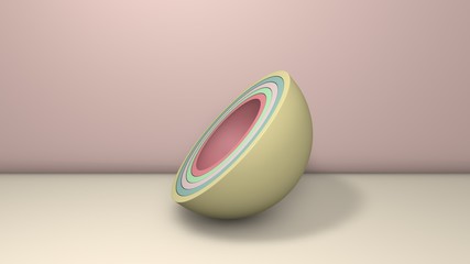 Poster - 3D illustration of several hemispheres, halves of balls similar to plates, cups.. The segments are arranged randomly. 3D rendering, abstract minimalistic background.