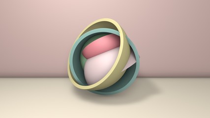 Poster - 3D illustration of several hemispheres, halves of balls with a void inside. The segments are arranged randomly, randomly, and intersect with each other unnaturally. 3D rendering, abstract background.