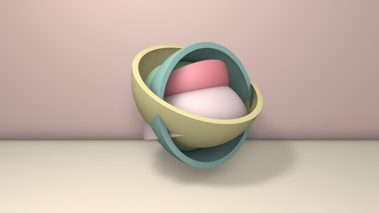 Poster - 3D illustration of several hemispheres, halves of balls with a void inside. The segments are arranged randomly, randomly, and intersect with each other unnaturally. 3D rendering, abstract background.