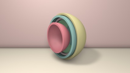 Poster - 3D illustration of several hemispheres, halves of balls similar to plates, cups.. The segments are arranged randomly. 3D rendering, abstract minimalistic background.
