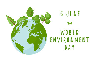 World environment day concept with green trees and planet Earth. Design for web banners, posters, cards etc in flat style. Vector illustration