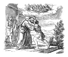 Vintage Drawing Or Engraving Of Biblical Story Of Jesus And Parable Of Lost Son. Father Is Welcoming His Lost Son At Home.Bible,New Testament,Luke 15. Biblische Geschichte , Germany 1859.
