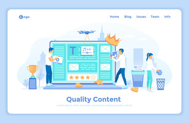 Wall Mural - Quality content, management, optimization, filtration, rating. Specialists create High-Quality Content Place photos, videos, audio, text files on the site landing web page decorated with people.
