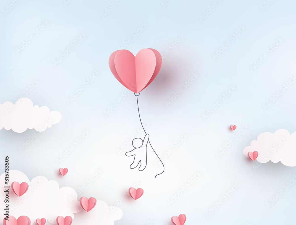 Pink heart flying balloon with man on blue sky background. Vector love postcard for Happy Mother's, Valentine's Day or birthday greeting card design.. - obrazy, fototapety, plakaty 