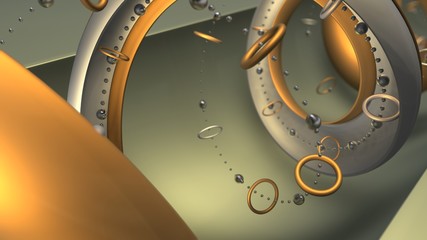 Poster - 3D composition of abstract geometric shapes, silver drops and many small elements. 3D rendering for background images, screensavers.