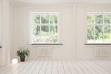 Fototapeta  - Stylish empty room in white color with summer landscape in window. Scandinavian interior design. 3D illustration