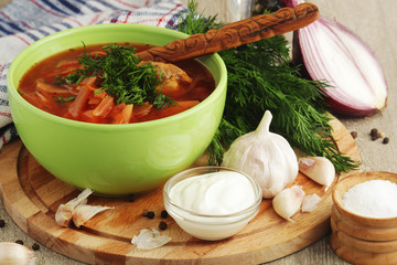 A bowl with traditional Ukrainian borscht	