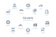 car parts concept 14 colorful outline icons. 2 color blue stroke icons