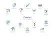 dentist concept 14 colorful outline icons. 2 color blue stroke icons