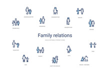 Family Relations Concept 14 Colorful Outline Icons. 2 Color Blue Stroke Icons
