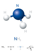 Ammonia, NH3, Molecule Model And Chemical Formula. Chemical Compound Of Nitrogen And Hydrogen. A Colorless Gas. Ball-and-stick Model, Geometric Structure And Structural Formula. Illustration. Vector.