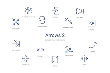 arrows 2 concept 14 colorful outline icons. 2 color blue stroke icons