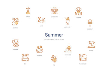 summer concept 14 colorful outline icons. 2 color blue stroke icons