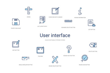 Poster - user interface concept 14 colorful outline icons. 2 color blue stroke icons