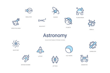 Wall Mural - astronomy concept 14 colorful outline icons. 2 color blue stroke icons