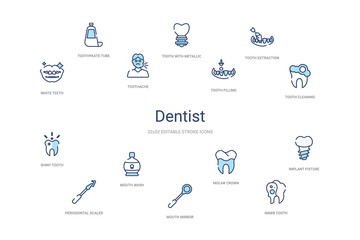 dentist concept 14 colorful outline icons. 2 color blue stroke icons