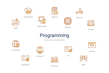 Poster - programming concept 14 colorful outline icons. 2 color blue stroke icons