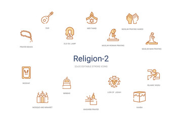 religion-2 concept 14 colorful outline icons. 2 color blue stroke icons