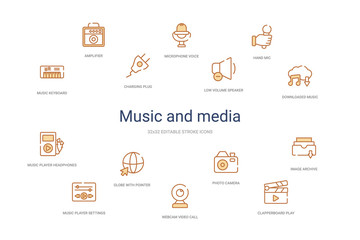  music and media concept 14 colorful outline icons. 2 color blue stroke icons