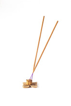 Yellow Incense Sticks In A Wooden Stand Isolated On A White Background