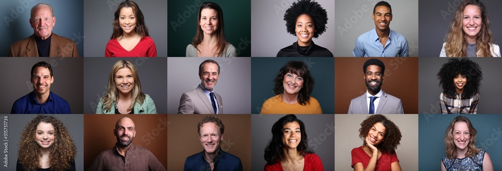 Different portraits of people in front of a background - obrazy, fototapety, plakaty 