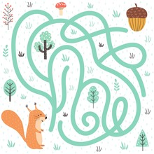 Help The Squirrel Find The Way To The Nut. Forest Labyrinth For Kids