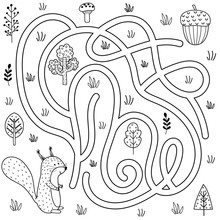 Black And White Labyrinth Game For Kids. Help The Squirrel Find The Way To The Nut