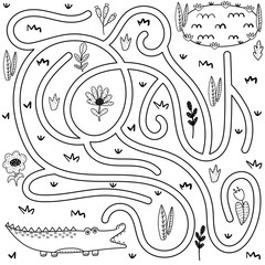 Canvas Print - Black and white labyrinth game for kids. Help the crocodile find the way to the river