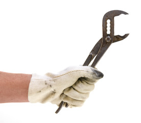 Worker hand holding a steel wrench isolated on white