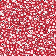 Monochrome White Ditsy Allover Graphic Daisies Blooms On Red Background Vector Seamless Pattern