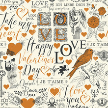 Vector Seamless Pattern On The Theme Of Valentines Day With Red Hearts, Angels, Flowers, Birds And Inscriptions. Abstract Background With The Words I Love You In Different Languages In Retro Style.