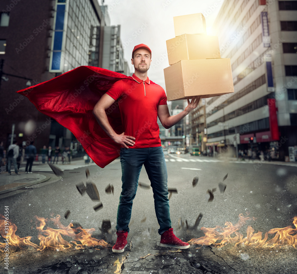 Courier acts like a powerful superhero in a city with skyscrapers. Concept of success and guarantee on shipment - obrazy, fototapety, plakaty 